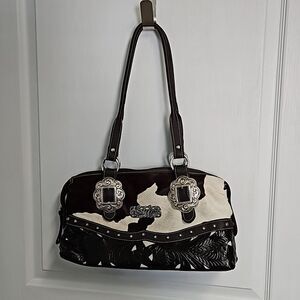 America West Leather Satchel Hair On Hide Silver Studded Western Bag